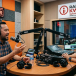 penyiar radio sedang melakukan siaran di studio radio indonesia