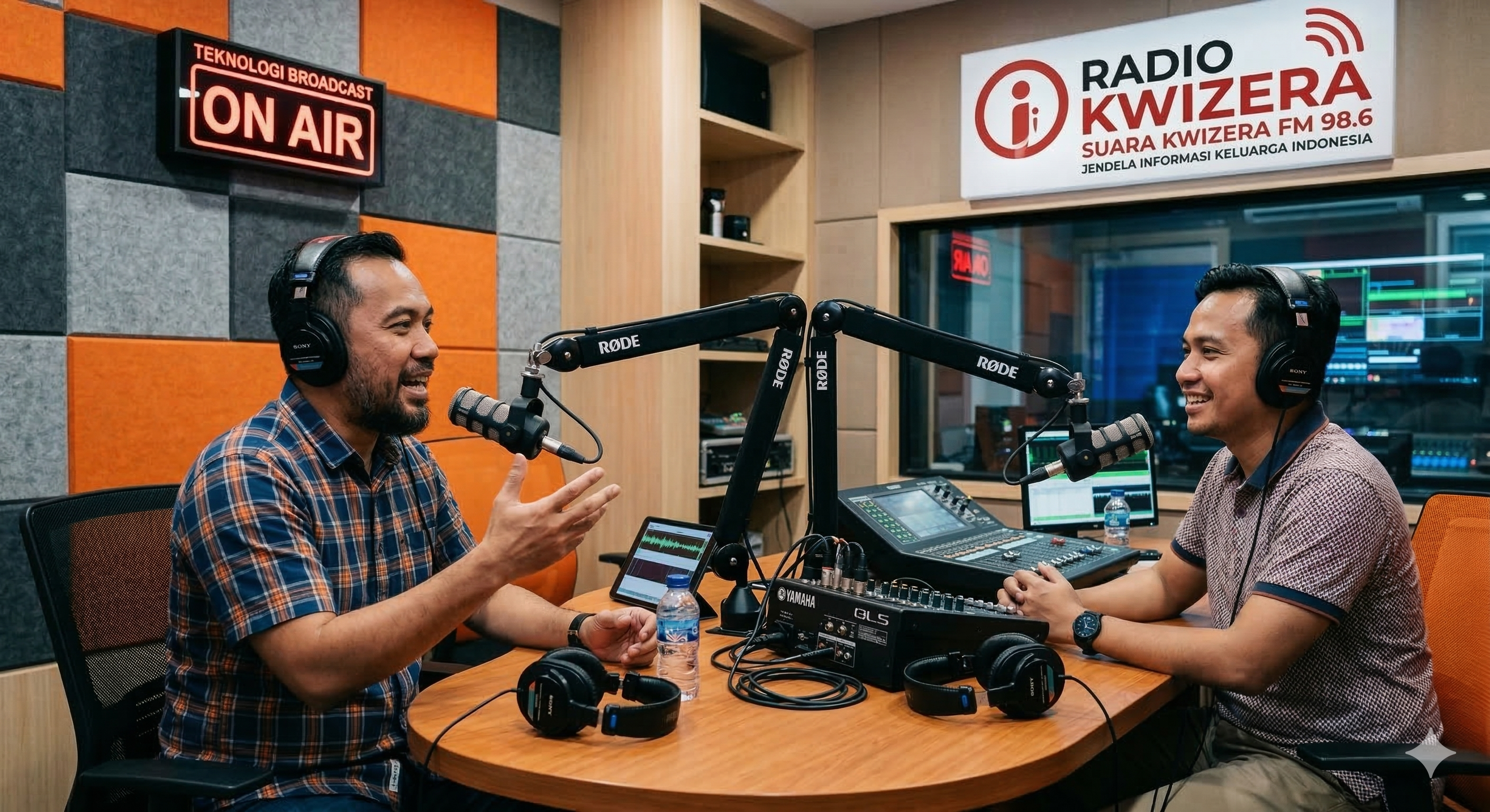 penyiar radio sedang melakukan siaran di studio radio indonesia