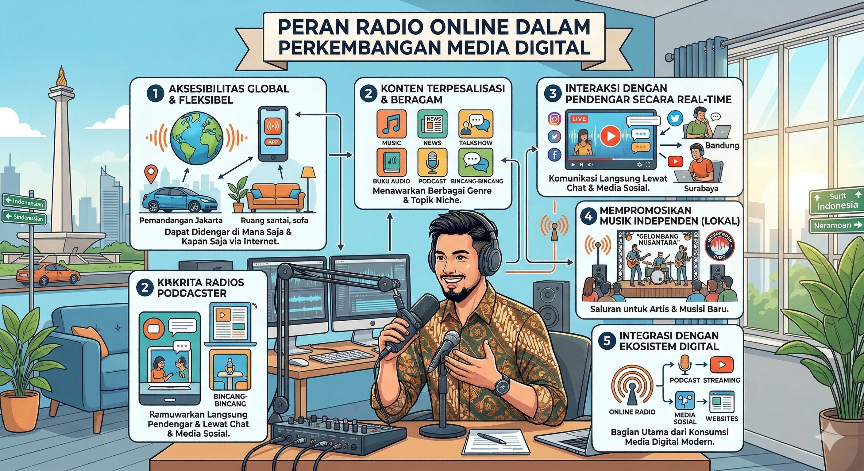 penyiar radio online sedang melakukan siaran digital