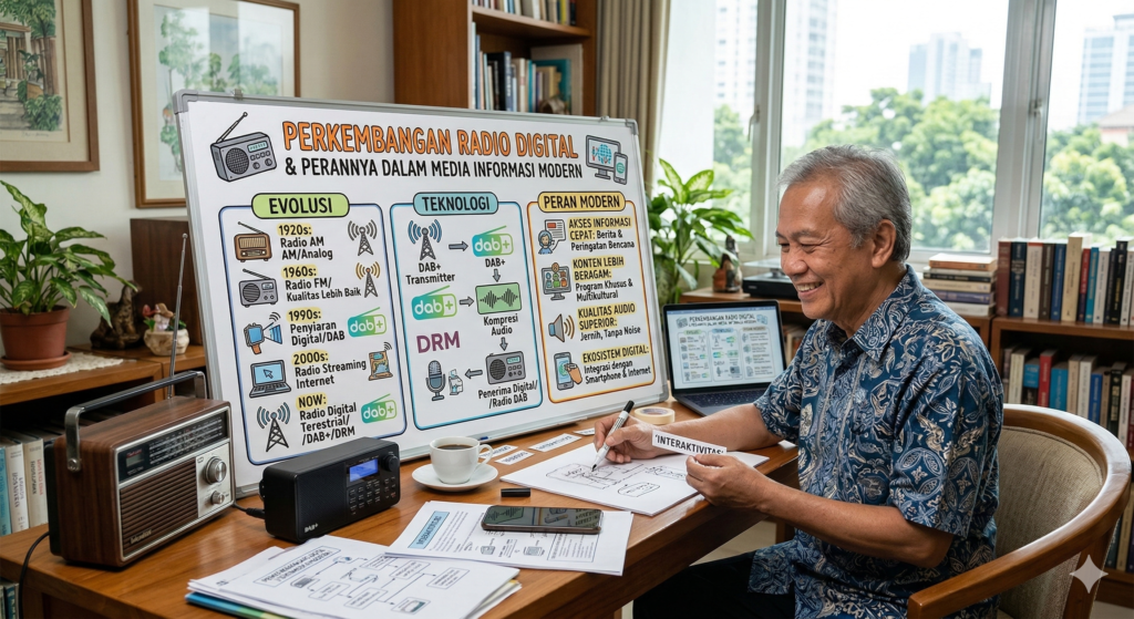 pria mendengarkan radio portabel sebagai media hiburan