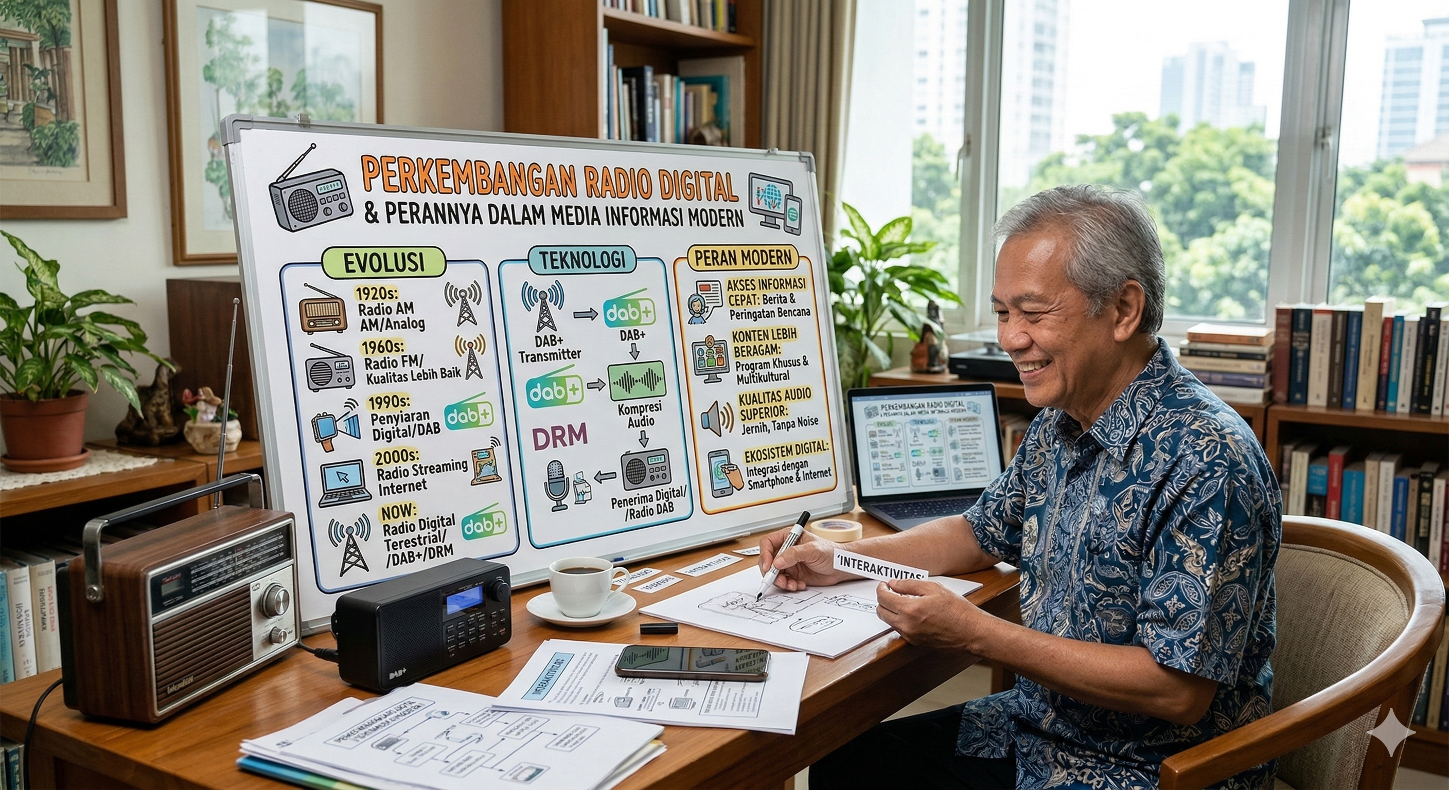 pria mendengarkan radio portabel sebagai media hiburan