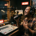 penyiar radio sedang siaran di studio radio