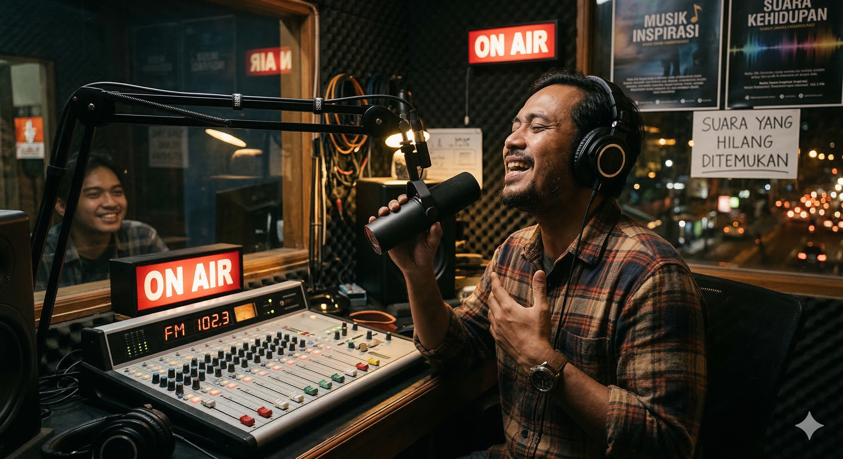 penyiar radio sedang siaran di studio radio