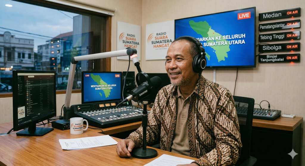 pak arif penyiar radio sumatra di studio siaran